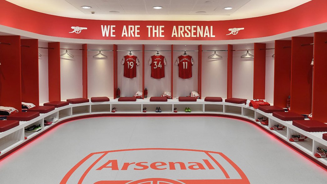 Shirts hanging in the Arsenal dressing room